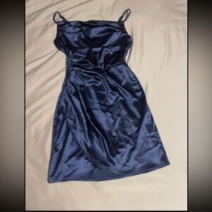 Cowl Neck Lace-Up Back Shirred Satin Dress by B Darlin Size 3/4. Blue